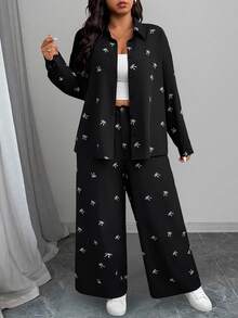 Calvaya Plus Size Elegant Bowknot Print Long Sleeve Top And Pants Two Pieces Set Fall Cloth For Women - Black - View 6