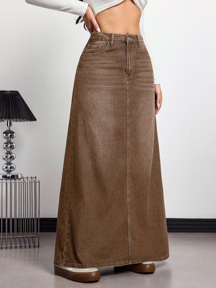 Flexra Fall Casual Vintage A Line High Waist Long Brown Daily Stretchy Washed Comfortable Wear Denim Skirt For Women - Coffee Brown - View 7