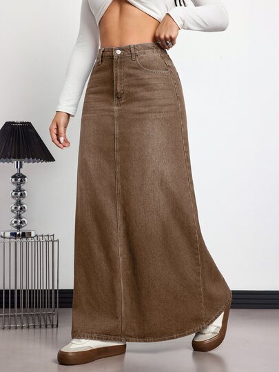 Balvessa Fall Casual Vintage A Line High Waist Long Brown Daily Stretchy Washed Comfortable Wear Denim Skirt For Women