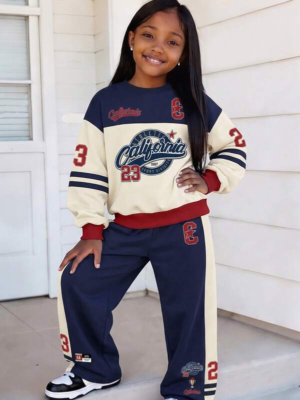 Autumn/Winter Casual Fashion Girls Street Sport Style Number 23 Print Crew Neck Sweatshirt & Wide Leg Pants Set, American Vintage College Style Jacket & Long Pants, Versatile Sweatshirt & Wide Leg Pants For Girls 13Y-16Y