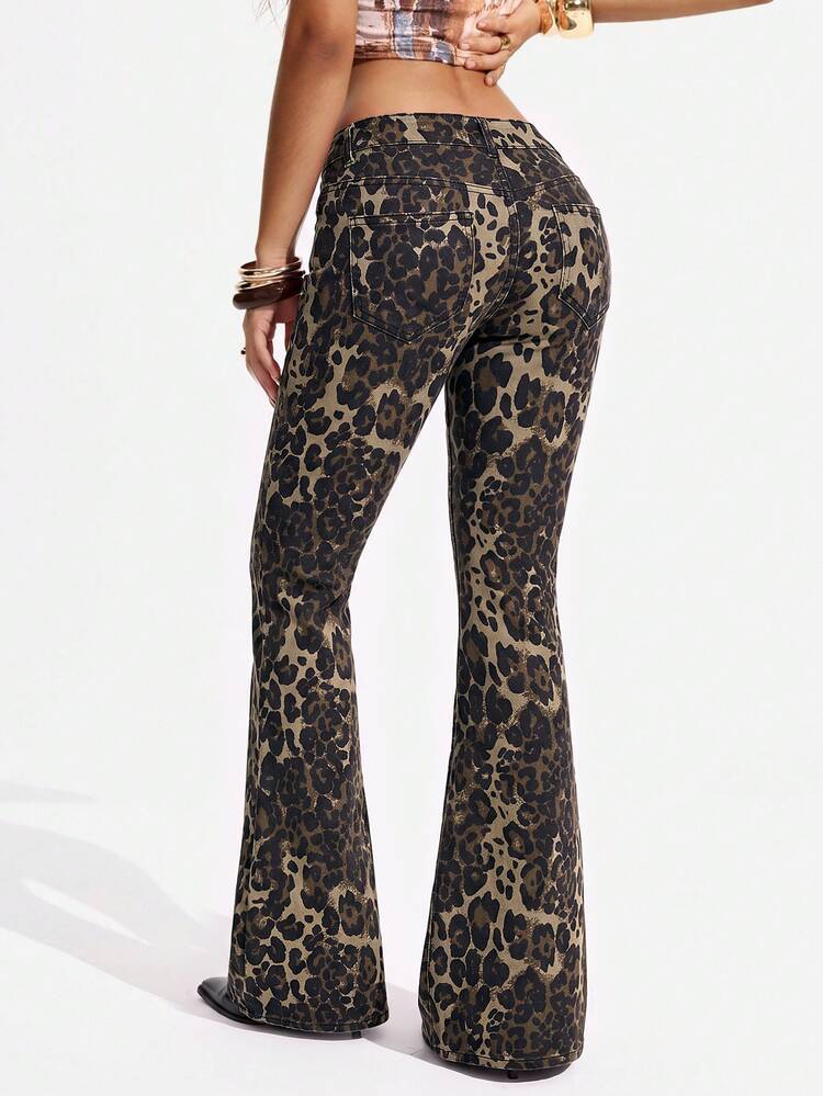 Jeanoix Halloween Vintage Y2K Sexy Flare High Waist Leopard Brown Daily Stretchy Washed Comfortable Wear Jeans For Women - Multicolor - View 2