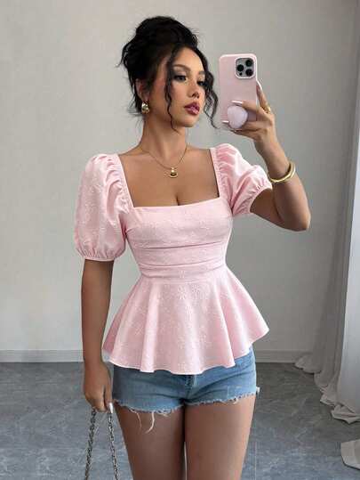 Elenzga New Women's Square Neck Petal Sleeve Cinched Waist Ruffle Hem Slimming Ditsy Floral Casual Elegant Blouse
