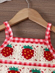 Elladie kids 少女休闲时尚新款背心套装，正面草莓钩花蕾丝装饰，针织格子面料，无袖背心搭配针织格子休闲裤，两件套，面料柔软，可爱韩版风格，适合春夏日常、上学、度假、派对等场合穿着。 - 粉色 - 查看 6