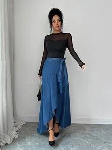 Elenzga Elegant Vintage Vacation Wide Leg Button Up Patchwork Blue Stretchy Washed Comfortable Beach Denim Skirt For Women - Blue - View 6