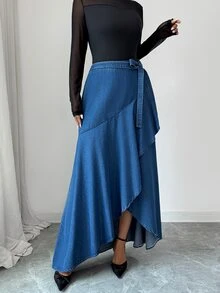 Elenzga Elegant Vintage Vacation Wide Leg Button Up Patchwork Blue Stretchy Washed Comfortable Beach Denim Skirt For Women - Blue - View 4