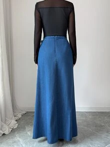 Elenzga Elegant Vintage Vacation Wide Leg Button Up Patchwork Blue Stretchy Washed Comfortable Beach Denim Skirt For Women - Blue - View 3