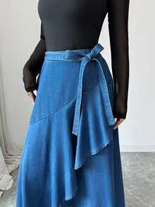 Elenzga Elegant Vintage Vacation Wide Leg Button Up Patchwork Blue Stretchy Washed Comfortable Beach Denim Skirt For Women - Blue - View 2