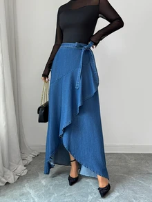 Elenzga Elegant Vintage Vacation Wide Leg Button Up Patchwork Blue Stretchy Washed Comfortable Beach Denim Skirt For Women - Blue - View 5