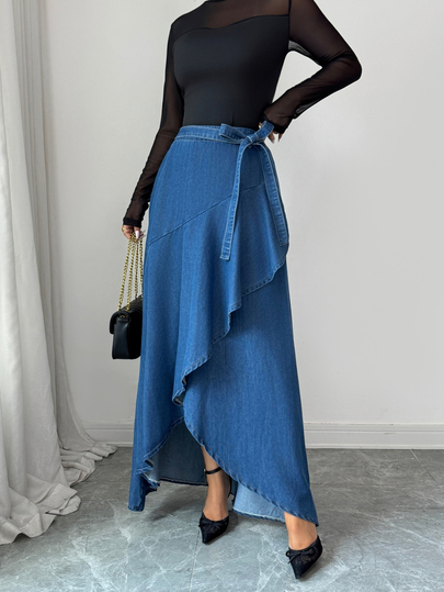 Elenzga Elegant Vintage Vacation Wide Leg Button Up Patchwork Blue Stretchy Washed Comfortable Beach Denim Skirt For Women