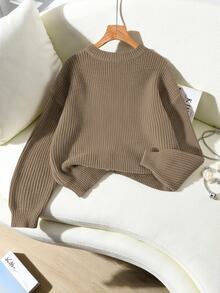 Franclia Women's Solid Color Round Neck Drop Shoulder Loose Knit Pullover Sweater - Camel - View 3