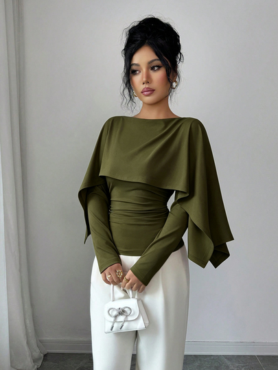 SHEIN Elenzya New Women's Shawl Collar Design Long Sleeve Elastic Knit Fabric Young Elegant Daily Versatile Waist-Cinching Slimming Tall-Looking T-Shirt