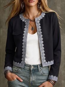 Omancia Women's Contrast Lace Long Sleeve Open Front Elegant Jacket - Black - View 4