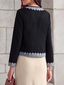 Omancia Women's Contrast Lace Long Sleeve Open Front Elegant Jacket - Black - View 2