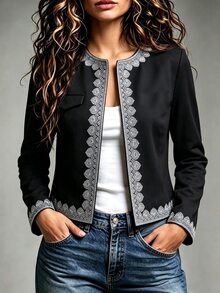 Omancia Women's Contrast Lace Long Sleeve Open Front Elegant Jacket - Black - View 1