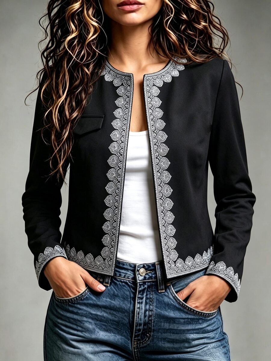 Omancia Women's Contrast Lace Long Sleeve Open Front Elegant Jacket - Black - View 1
