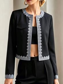 Omancia Women's Contrast Lace Long Sleeve Open Front Elegant Jacket - Black - View 3
