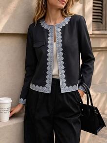Omancia Women's Contrast Lace Long Sleeve Open Front Elegant Jacket - Black - View 5