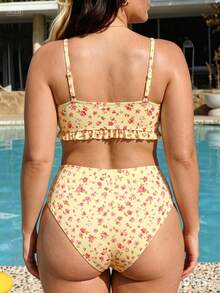Swim Mod 2026 New Women's Spring/Summer Spaghetti Strap Tie-Front Beach Vacation Plus Size Swimsuit Set Yellow - Multicolor - View 2