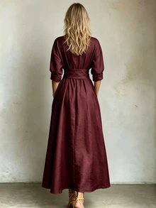 SHEIN Holidaya Women's Simple Casual Shirt Collar Dress - Burgundy - View 2