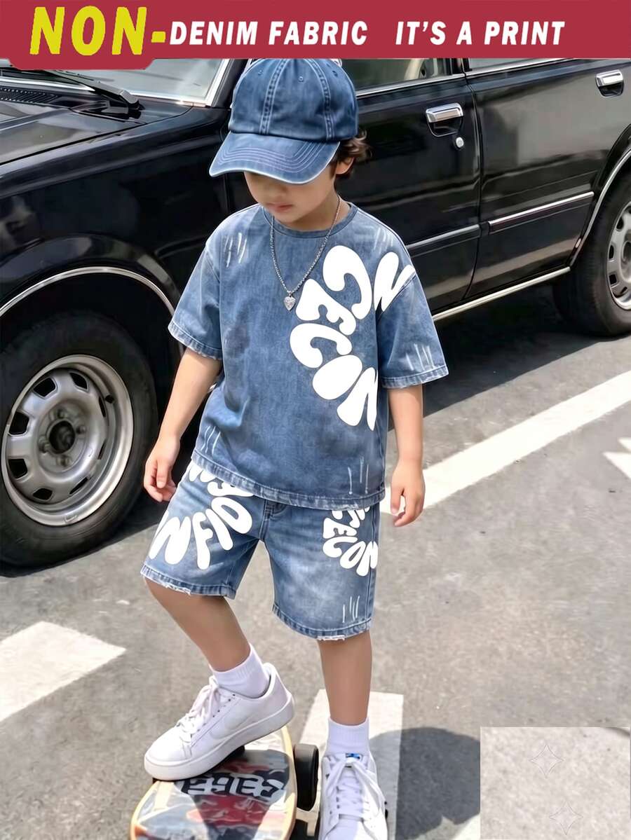 1 SET Boys Fashion Letter Print Casual Crew Neck Short Sleeve T-Shirt And Shorts, Simple, Versatile, Suitable For Daily Wear,School Clothes - Multicolor - View 1