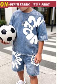 1 SET Boys Fashion Letter Print Casual Crew Neck Short Sleeve T-Shirt And Shorts, Simple, Versatile, Suitable For Daily Wear,School Clothes - Multicolor - View 3