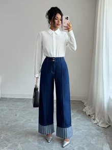Elenzga Fall Elegant Business Chic Wide Leg High Waist Blue Going Stretchy Washed Comfortable Flattering Out Jeans For Women - Dark Wash - View 7