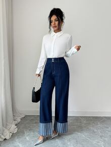 Elenzga Fall Elegant Business Chic Wide Leg High Waist Blue Going Stretchy Washed Comfortable Flattering Out Jeans For Women - Dark Wash - View 5