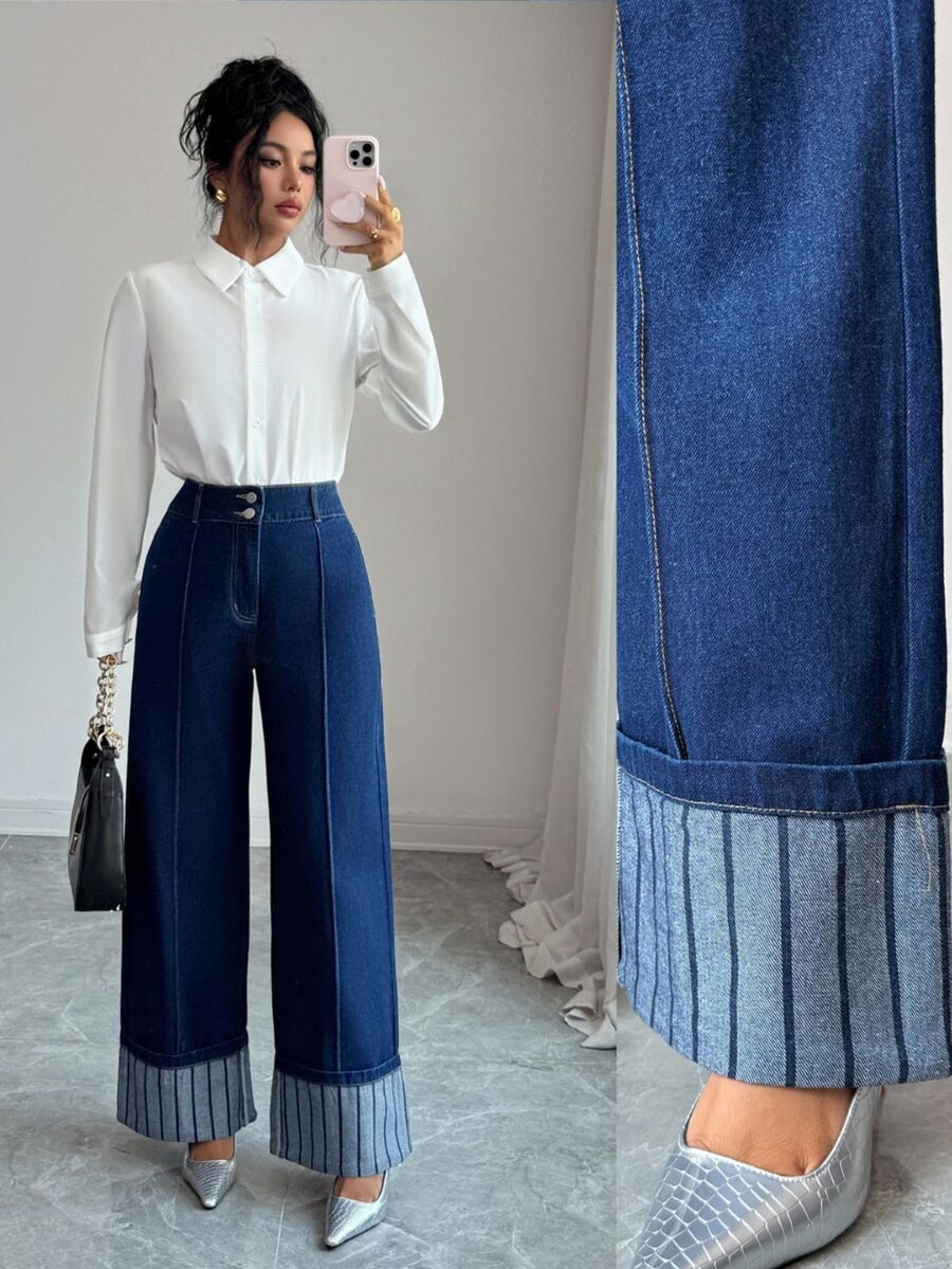 Elenzga Fall Elegant Business Chic Wide Leg High Waist Blue Going Stretchy Washed Comfortable Flattering Out Jeans For Women - Dark Wash - View 1
