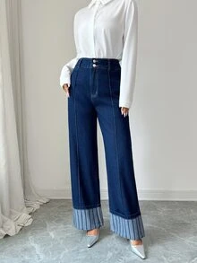 Elenzga Fall Elegant Business Chic Wide Leg High Waist Blue Going Stretchy Washed Comfortable Flattering Out Jeans For Women - Dark Wash - View 4