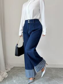 Elenzga Fall Elegant Business Chic Wide Leg High Waist Blue Going Stretchy Washed Comfortable Flattering Out Jeans For Women - Dark Wash - View 3