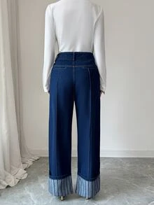 Elenzga Fall Elegant Business Chic Wide Leg High Waist Blue Going Stretchy Washed Comfortable Flattering Out Jeans For Women - Dark Wash - View 2