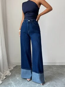 Elenzga Elegant Vintage Street Wide Leg High Waist Patchwork Blue Going Stretchy Washed Comfortable Flattering Out Jeans For Women - Dark Wash - View 6