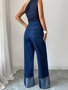 Elenzga Elegant Vintage Street Wide Leg High Waist Patchwork Blue Going Stretchy Washed Comfortable Flattering Out Jeans For Women - Dark Wash - View 2