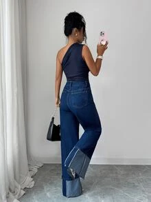 Elenzga Elegant Vintage Street Wide Leg High Waist Patchwork Blue Going Stretchy Washed Comfortable Flattering Out Jeans For Women - Dark Wash - View 3