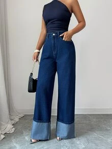Elenzga Elegant Vintage Street Wide Leg High Waist Patchwork Blue Going Stretchy Washed Comfortable Flattering Out Jeans For Women - Dark Wash - View 4