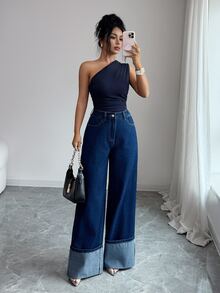 Elenzga Elegant Vintage Street Wide Leg High Waist Patchwork Blue Going Stretchy Washed Comfortable Flattering Out Jeans For Women - Dark Wash - View 7
