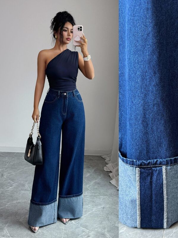 Elenzga Damen Weite Beine Locker Lässig Vielseitig Denim Jeans mit Taschen