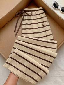 Tseoso 女款抽繩腰條紋拼色馬術圖案休閒日常長褲 - 彩色 - 查看 5