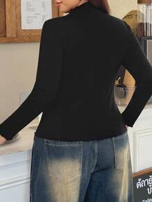 Muchica Plus Size Women Solid Color Stand Collar Long Sleeve Casual Versatile T-Shirt Fall - Black - View 2