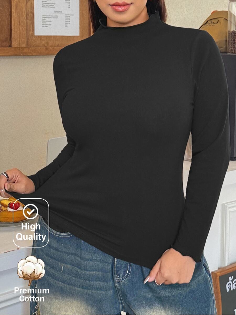 Muchica Plus Size Women Solid Color Stand Collar Long Sleeve Casual Versatile T-Shirt Fall - Black - View 1