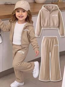 SHEIN Baby Girl Hooded Printed Zip-Up Sweatshirt & Casual Straight Leg Autumn Pants Set, Brushed Brushed Thick Fabric, Suitable For Winter - Apricot - View 1