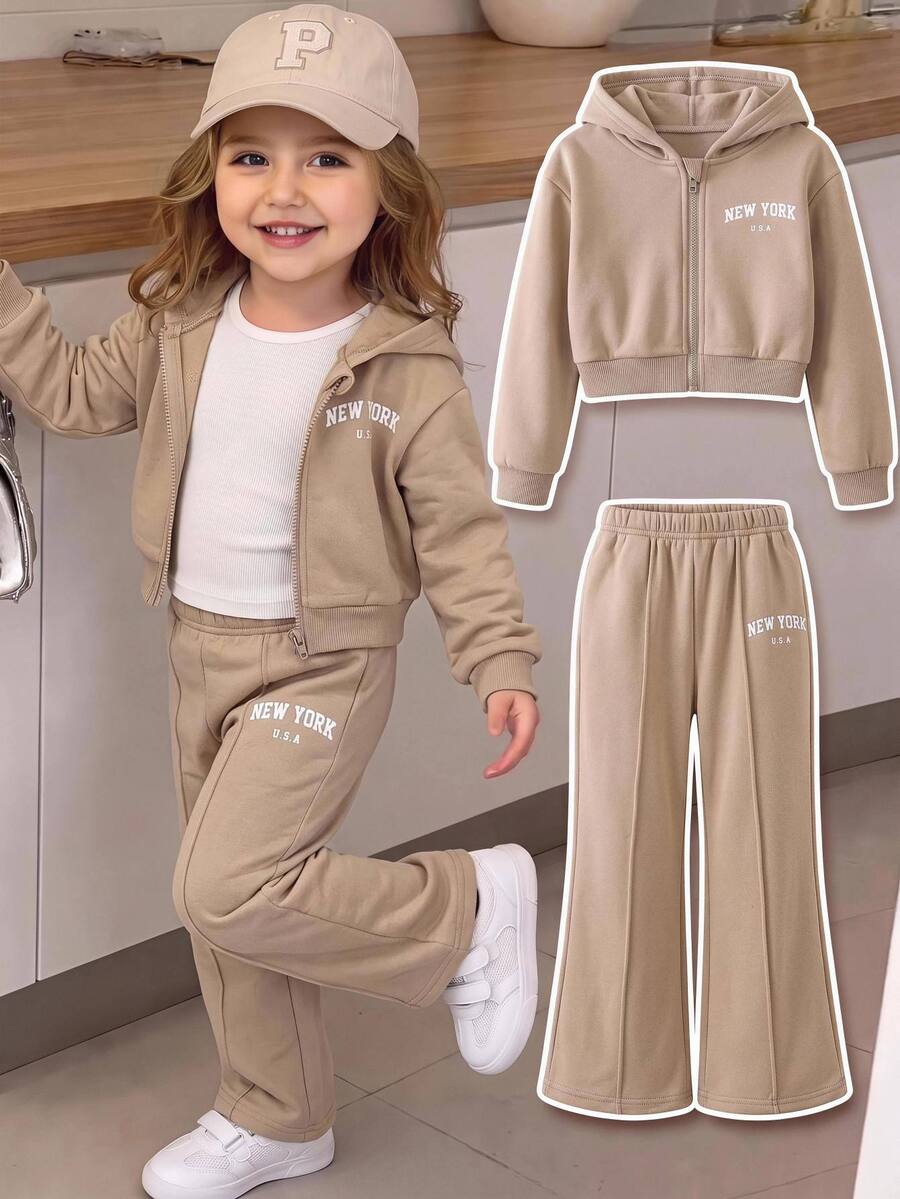 SHEIN Baby Girl Hooded Printed Zip-Up Sweatshirt & Casual Straight Leg Autumn Pants Set, Brushed Brushed Thick Fabric, Suitable For Winter - Apricot - View 1