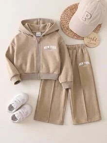 SHEIN Baby Girl Hooded Printed Zip-Up Sweatshirt & Casual Straight Leg Autumn Pants Set, Brushed Brushed Thick Fabric, Suitable For Winter - Apricot - View 3