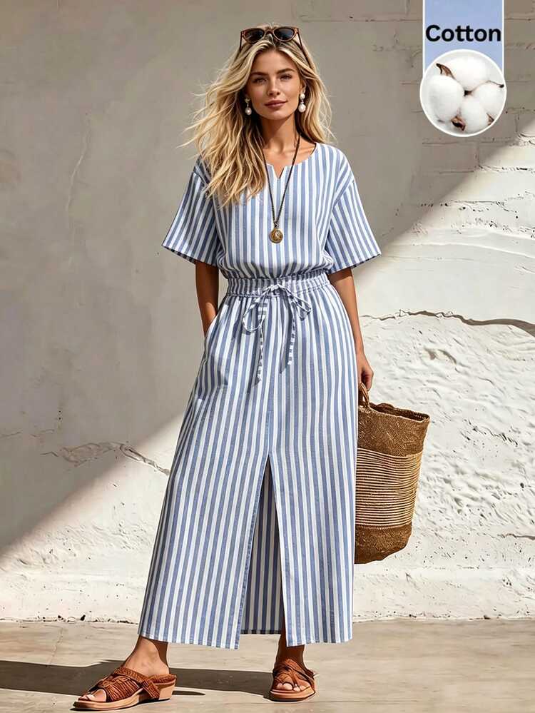 SHEIN Essential Summer Loose Cotton Shirt Dress - Waistdefined Casual Coastal Vacation Dress Beach Blue White Striped - Blue and White - View 5