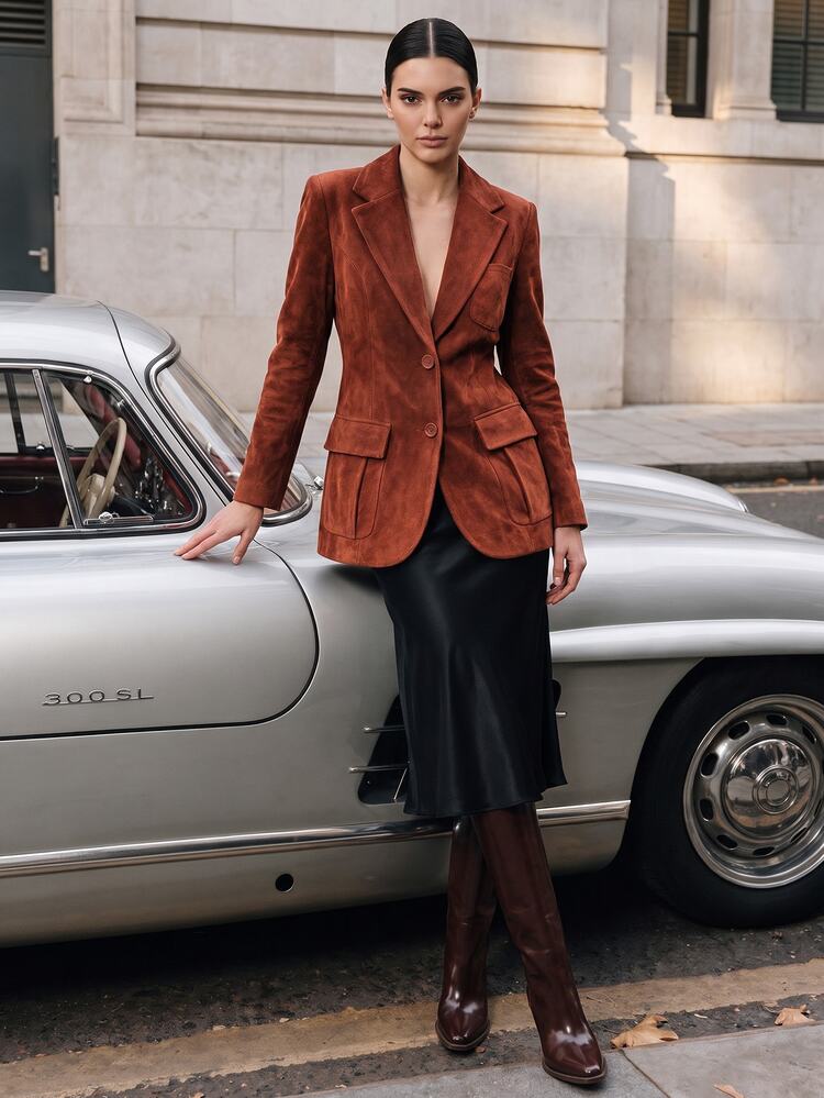 Anewsta Essential Suede Velvet Multi-Pocket Long Sleeve Elegant Blazer Office Rust Brown Autumn - Redwood - View 6