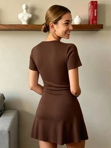 SHEIN PariChic French Knit V-Neck Waist-Defining A-Line Dress - Coffee Brown - View 2