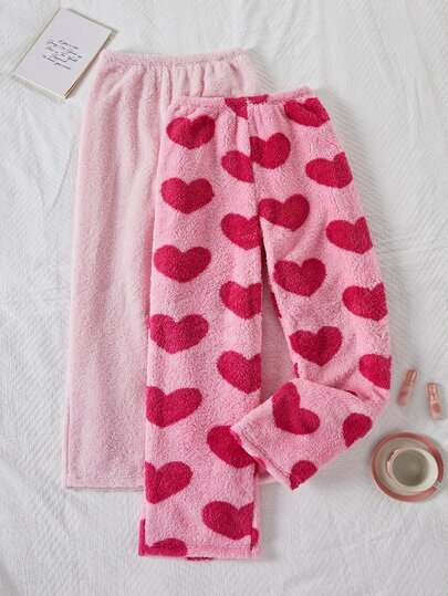 Napfluff Women's Plush Big Heart Light Pink Dark Pink Plush 2pcs Pajama Pants Set, Autumn/Winter Night Sleep Kawaii Elegant