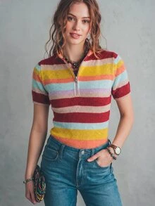 Glimmora American Retro Multi-Color Horizontal Striped Half-Zip Short Sleeve Knit Cardigan Slim Fit Cinched Waist Contrast Color Knit Top - Multicolor - View 6
