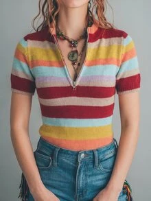 Glimmora American Retro Multi-Color Horizontal Striped Half-Zip Short Sleeve Knit Cardigan Slim Fit Cinched Waist Contrast Color Knit Top - Multicolor - View 7