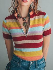 Glimmora American Retro Multi-Color Horizontal Striped Half-Zip Short Sleeve Knit Cardigan Slim Fit Cinched Waist Contrast Color Knit Top - Multicolor - View 2